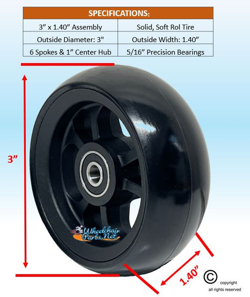 3" x 1.4" Caster Wheel With Composite (nylon) Rim and 5/16" Bearings.