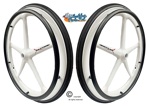 Set of 2 X-CORE Wheels 24" (540) WHITE Color & SHOX Tires and Pushrims