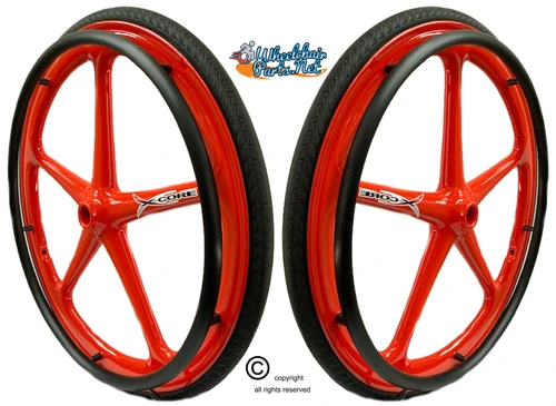 Set of 2 X-CORE Wheels in 24" (540) RED Color With PRIMO SENTINEL Tires & PushRims