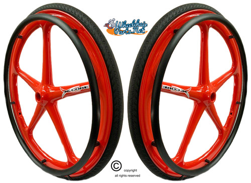 Set of 2 X-CORE Wheels in 24" (540) RED Color With PRIMO SENTINEL Tires & PushRims