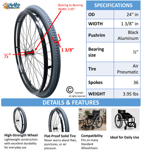 SET of 2,  24"x1 3/8" (540mm) PNEUMATIC ASSEMBLY, 36Spoke Rim TIRES & TUBES. PUSH RIMS