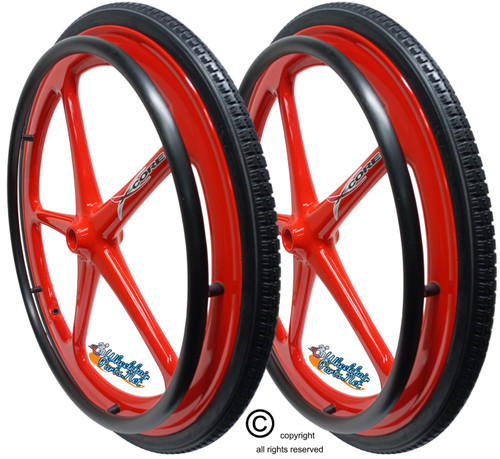 Set of 2 X-CORE Wheels 24" (540) RED Color With PRIMO STREET Tires & Push Rims