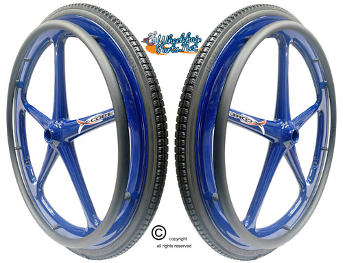 Set of 2 X-CORE Wheels 24" (540) BLUE Color With PRIMO STREET Tires & Push Rims