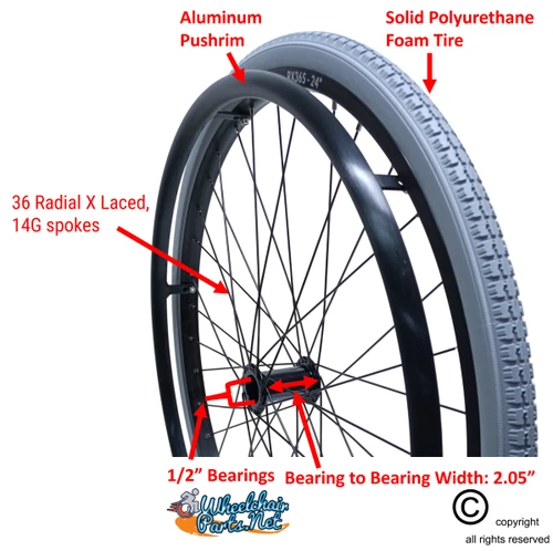 SET of 2,  24" x 1 3/8" (540mm) 36 Spoke Rim with SOLID Polyurethane Foam Tires. Hard Anodize Pushrims.