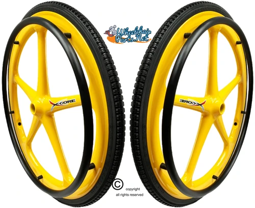 Set of 2 X-CORE Wheels 24" (540) YELLOW Color With PRIMO STREET Tires & Push Rims