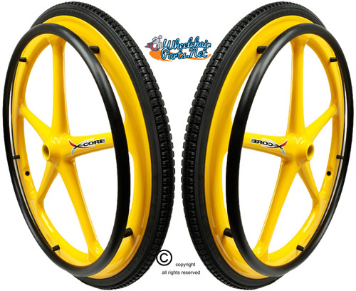 Set of 2 X-CORE Wheels 24" (540) YELLOW Color With PRIMO STREET Tires & Push Rims