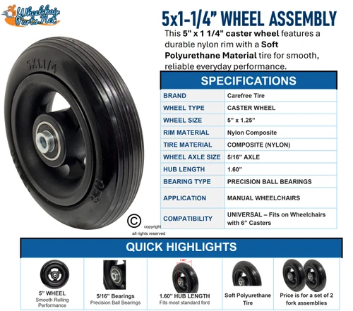 5" x 1 1/4"  Caster Wheel With 1.60" Hub and 5/16" Bearings. Sold as Pair