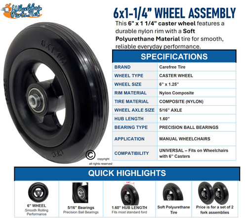 6" x 1 1/4"  Caster Wheel With 1.60" Hub and 5/16" Bearings. SET OF TWO