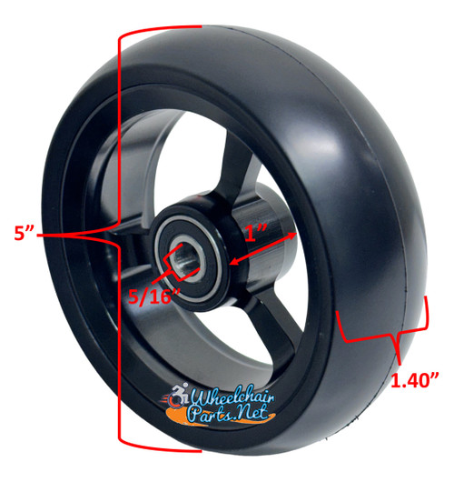 5" X 1.4" Aluminum 3 Spoke Wheel, Black Rim / Soft Urethane Tire with 5/16" bearings.
