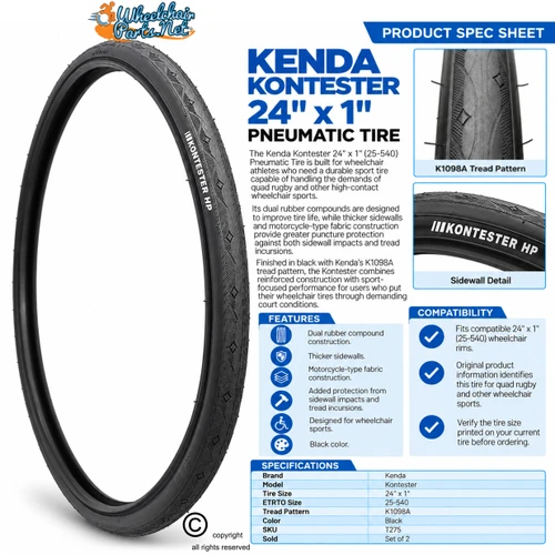 Kenda Kontester 24" x 1" (23-540) Black Color. Racing & Court Tire | Set of 2