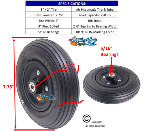 CW196-5    8 x 2" BLACK Non-Marking Pneumatic Tire and Tube Assembly. 5/16" Bearings
