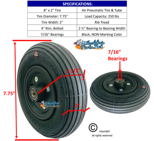 CW196-7    8 x 2" BLACK Non-Marking Pneumatic Tire and Tube Assembly. 7/16" Bearings