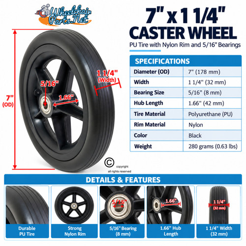 7" x 1.25" Solid Wheel with Bearings and Hub Width 1.6" | Set of 2