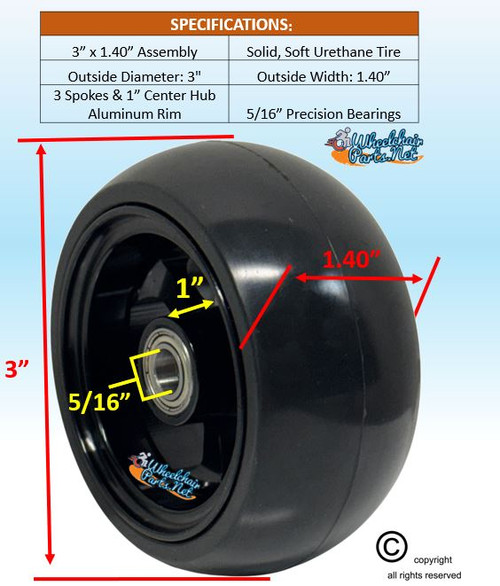 3" x 1.4" Caster Wheel With BLACK COLOR Aluminum Rim and 5/16" Bearings.