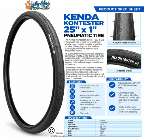 Kenda Kontester 25" x 1" (23-559) Black Color.  Racing & Court Tire | Set of 2