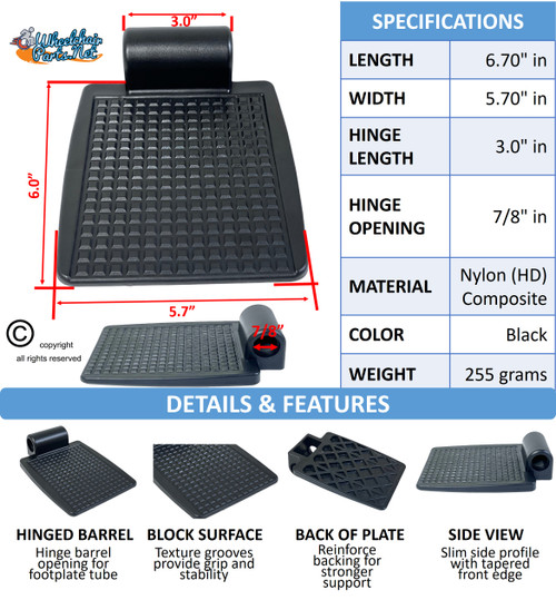 Heavy Duty Plastic Foot Plates for Wheelchairs with 7/8" Tubing . Fits on 16" Wide Chairs