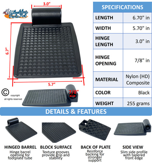 Heavy Duty Plastic Foot Plates for Wheelchairs with 7/8" Tubing . Fits on 18"-20" Wide Chairs