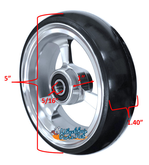 5" X 1.4" Aluminum 3 Spoke Wheel, Silver  Rim / Soft Urethane Tire with 5/16" bearings.