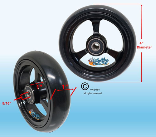 4" X 1" Aluminum 3 Spoke Wheel, Black Rim / Soft Urethane Tire with 5/16" bearings.