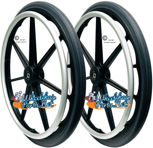 22" x 1 3/8" 7 spoke Wheel & Aluminum Pushrim.  Fits Invacare Chairs. Sold as Pair 22" x 1 3/8" 7 spoke Wheel & Aluminum Pushrim.  Fits Invacare Chairs. Sold as Pair