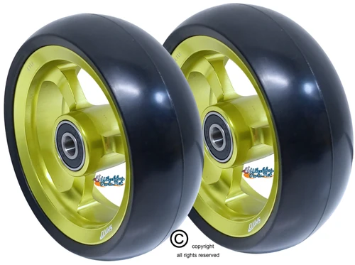 SHIVOSPYN 4" X 1.4" Aluminum 3 Spoke Wheel, Olive Green Rim, Soft Urethane Tire with 5/16" bearings.