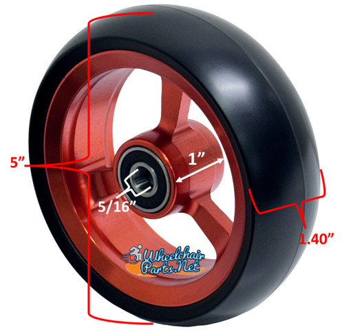5" X 1.4" Aluminum 3 Spoke Wheel, Orange Rim / Soft Urethane Tire with 5/16" bearings.