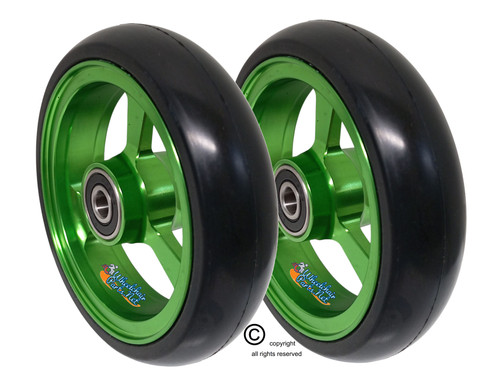 4" X 1" Aluminum 3 Spoke Wheel, Green Rim / Soft Urethane Tire with 5/16" bearings. 4" X 1" Aluminum 3 Spoke Wheel, Green Rim / Soft Urethane Tire with 5/16" bearings.