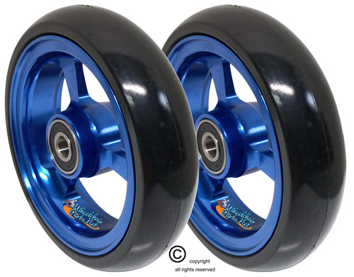 5" X 1" Aluminum 3 Spoke Wheel, Blue Rim / Soft Urethane Tire with 5/16" bearings. 5" X 1" Aluminum 3 Spoke Wheel, Blue Rim / Soft Urethane Tire with 5/16" bearings.