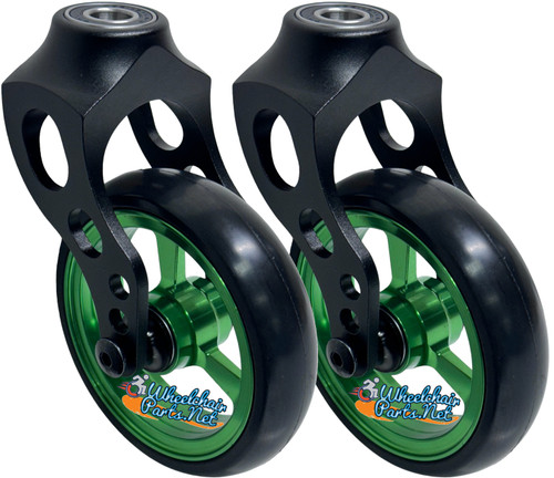 Aluminum Caster Fork Assembly With 4x1 Soft Roll Wheel-Green Rim Aluminum Caster Fork Assembly With 4x1 Soft Roll Wheel-Green Rim