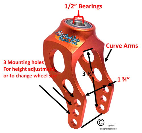 5" Aluminum Caster Fork With Curved Arms- Orange Anodized. Price is for a set of 2 Forks