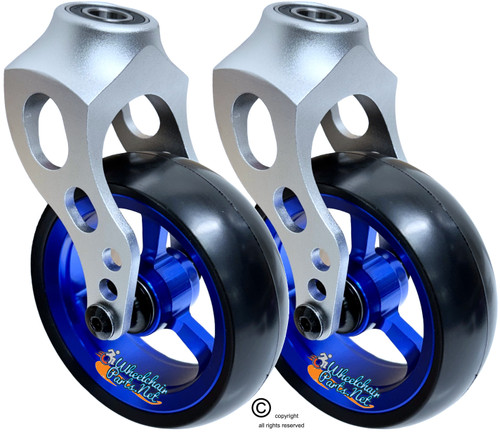 Silver Aluminum Caster Fork Assembly With 4x1.40 Soft Roll Wheels in Blue Color Silver Aluminum Caster Fork Assembly With 4x1.40 Soft Roll Wheels in Blue Color