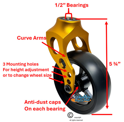 Gold Aluminum Caster Fork Assembly With 4x1.40 Soft Roll Wheels in Black Color