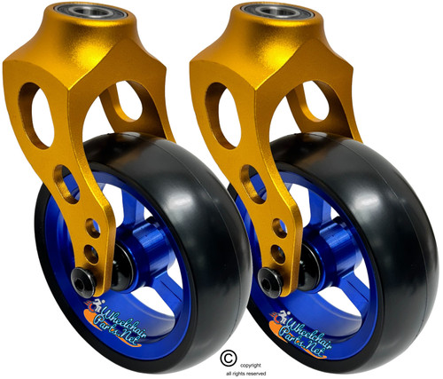 Gold Aluminum Caster Fork Assembly With 4x1.40 Soft Roll Wheels in Blue Color Gold Aluminum Caster Fork Assembly With 4x1.40 Soft Roll Wheels in Blue Color