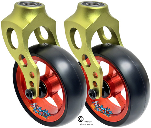 Green Aluminum Caster Fork Assembly With 4x1.40 Soft Roll Wheels in Orange Color Green Aluminum Caster Fork Assembly With 4x1.40 Soft Roll Wheels in Orange Color