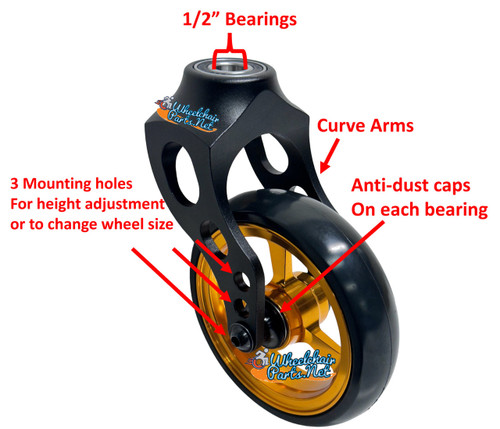 Aluminum Caster Fork Assembly With 5x1 Soft Roll Wheel-Gold Rim