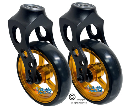 Aluminum Caster Fork Assembly With 5x1 Soft Roll Wheel-Gold Rim Aluminum Caster Fork Assembly With 5x1 Soft Roll Wheel-Gold Rim