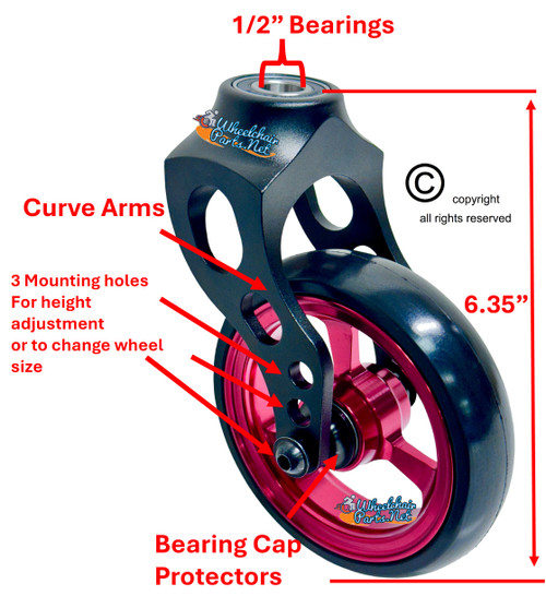 Aluminum Caster Fork Assembly With 5x1 Soft Roll Wheel-Red Rim Aluminum Caster Fork Assembly With 5x1 Soft Roll Wheel-Red Rim