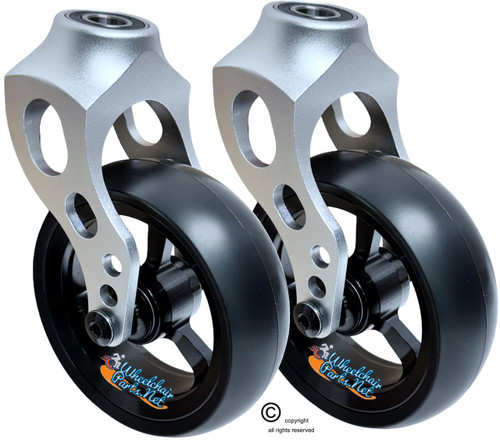 Silver Aluminum Caster Fork Assembly With 5x1.40 Soft Roll Wheels in Black Color Silver Aluminum Caster Fork Assembly With 5x1.40 Soft Roll Wheels in Black Color