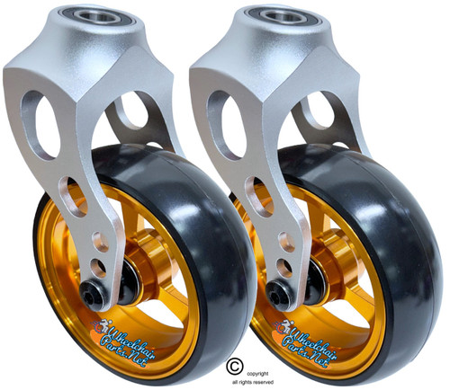 Silver Aluminum Caster Fork Assembly With 5x1.40 Soft Roll Wheels in Gold Color Silver Aluminum Caster Fork Assembly With 5x1.40 Soft Roll Wheels in Gold Color