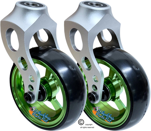 Silver Aluminum Caster Fork Assembly With 5x1.40 Soft Roll Wheels in Green Color Silver Aluminum Caster Fork Assembly With 5x1.40 Soft Roll Wheels in Green Color