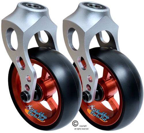 Silver Aluminum Caster Fork Assembly With 5x1.40 Soft Roll Wheels in Orange Color Silver Aluminum Caster Fork Assembly With 5x1.40 Soft Roll Wheels in Orange Color