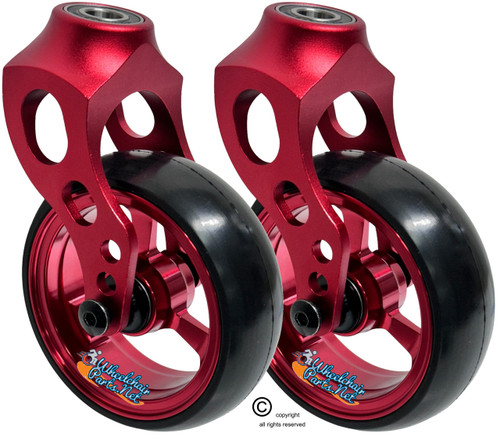 Red Aluminum Caster Fork Assembly With 5x1.40 Soft Roll Wheels in Red Color Red Aluminum Caster Fork Assembly With 5x1.40 Soft Roll Wheels in Red Color