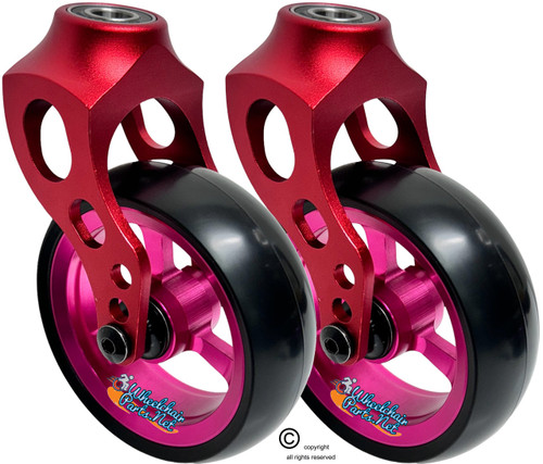 Red Aluminum Caster Fork Assembly With 5x1.40 Soft Roll Wheels in Pink Color Red Aluminum Caster Fork Assembly With 5x1.40 Soft Roll Wheels in Pink Color