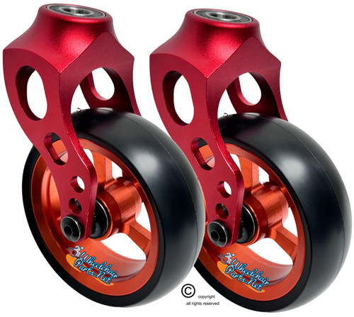 Red Aluminum Caster Fork Assembly With 5x1.40 Soft Roll Wheels in Orange Color Red Aluminum Caster Fork Assembly With 5x1.40 Soft Roll Wheels in Orange Color