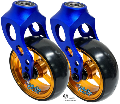 Blue Aluminum Caster Fork Assembly With 5x1.40 Soft Roll Wheels in Gold Color Blue Aluminum Caster Fork Assembly With 5x1.40 Soft Roll Wheels in Gold Color