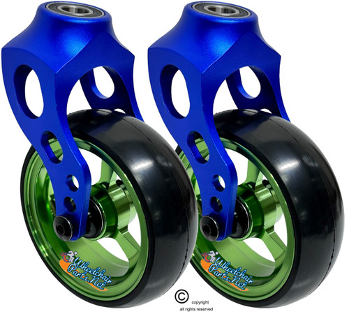 Blue Aluminum Caster Fork Assembly With 5x1.40 Soft Roll Wheels in Green Color Blue Aluminum Caster Fork Assembly With 5x1.40 Soft Roll Wheels in Green Color