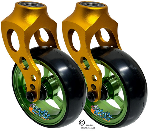 Gold Aluminum Caster Fork Assembly With 5x1.40 Soft Roll Wheels in Green Color Gold Aluminum Caster Fork Assembly With 5x1.40 Soft Roll Wheels in Green Color