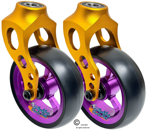 Gold Aluminum Caster Fork Assembly With 5x1.40 Soft Roll Wheels in Purple Color Gold Aluminum Caster Fork Assembly With 5x1.40 Soft Roll Wheels in Purple Color