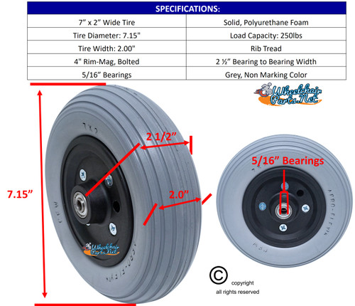 7 X 2" QUICKIE TYPE CASTER WHEEL WITH URETHANE RIB TIRE - ONE PAIR