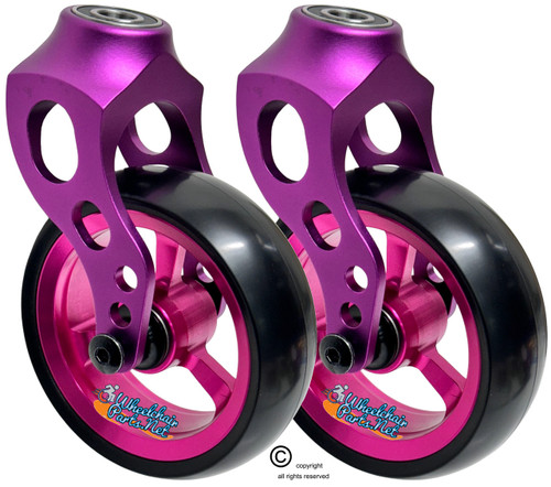 Purple Aluminum Caster Fork Assembly With 5x1.40 Soft Roll Wheels in Pink Color Purple Aluminum Caster Fork Assembly With 5x1.40 Soft Roll Wheels in Pink Color